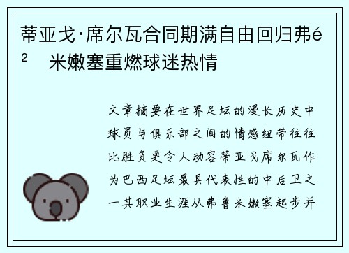 蒂亚戈·席尔瓦合同期满自由回归弗鲁米嫩塞重燃球迷热情 蒂亚戈·席尔瓦合同期满自由回归弗鲁米嫩塞重燃球迷热情